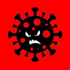 Flat image of a very angry and disgruntled scary black virus on a red background. World pandemic. The virus attacks humanity