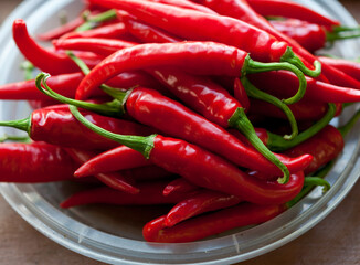 multiple red hot chili peppers in a flat plastic dish resting on a table, with gentle light falling from the top