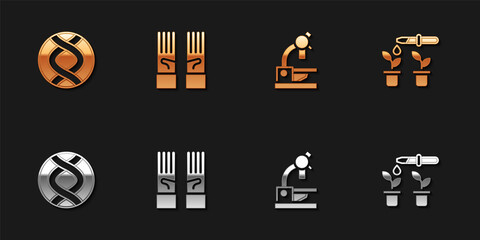 Set DNA symbol, Medical rubber gloves, Microscope and Pipette and plant icon. Vector