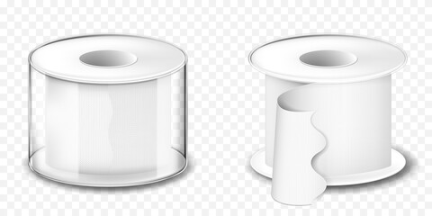 A roll of medical adhesive plaster. Medical adhesive tape roll. Band-aid set isolated on transparent background, realistic 3d vector illustration