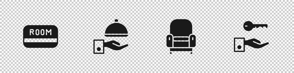 Set Hotel key card, Covered with tray, Armchair and door lock icon. Vector