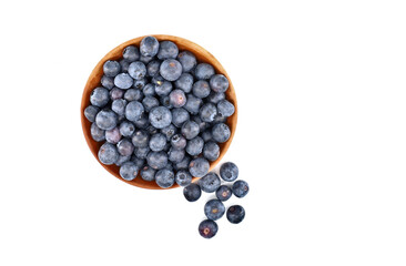 Blueberries in a terracotta bowl on white background. Top view.