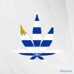 Obraz premium Flag of Uruguay in Marijuana leaf shape. The concept of legalization Cannabis in Uruguay.