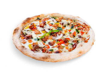 BBQ pizza with pork, chicken, bell pepper, barbecue sauce, mushroom, pesto. Neapolitan round pizza on white background