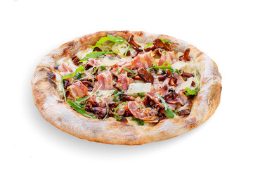 Pizza Carbonara with bacon, chanterelles, arugula, mozzarella, parmesan, pesto. Neapolitan round pizza on white background