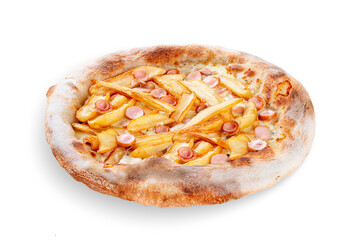 Pizza Patate with viennese sausages, potato fries, mozzarella, cheese sauce, pesto. Neapolitan round pizza on white background