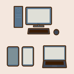 シンプルなパソコンとスマートフォンのイラストセット  レトロ
