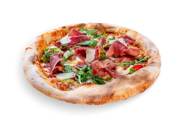 Sorrentina pizza with prosciutto, arugula, capers, pelati sauce, pesto. Neapolitan round pizza on white background