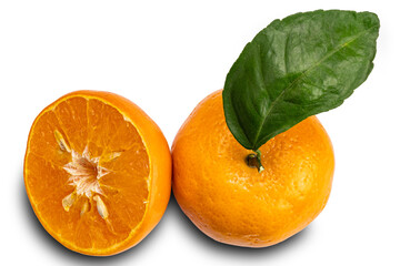 Top view of mandarin orange or Citrus reticulata a whole and a half with leaf on white background with clipping path.