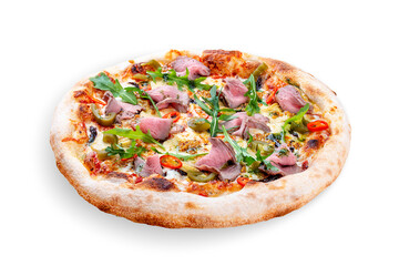 Pizza with roast beef and artichokes, jalapenos, chili, mozzarella, pesto. Neapolitan round pizza on white background