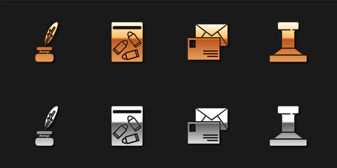 Set Feather and inkwell, Evidence bag bullet, Envelope and Stamp icon. Vector