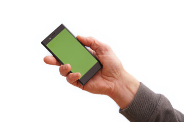 Cell phone in hand with green screen for adding text