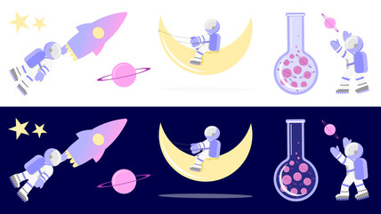 Set of space stickers, icons, vector illustrations. Collection with astronaut, planet, stars, moon, blue background. Design for a website, landing page, presentation, flyer, banner, advertisement