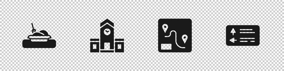 Set Plate with food, Railway station, Route location and Road traffic signpost icon. Vector