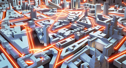 3D Render Abstract city. City plan, streets and skyscrapers with neon traffic lights effect