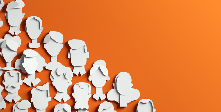 Paper cut background, human's faces template, crowd of people. 3D render illustration