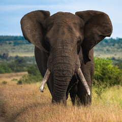 African elephant bull standing face on and  shaking his ears as a warning to stay the distance