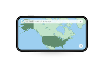 Searching map of USA in Smartphone map application. Map of USA in Cell Phone.