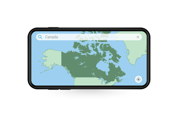 Searching map of Canada in Smartphone map application. Map of Canada in Cell Phone.