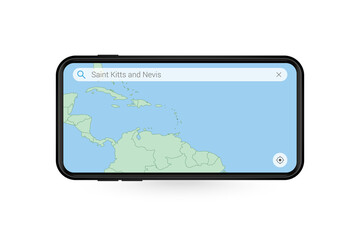 Searching map of Saint Kitts and Nevis in Smartphone map application. Map of Saint Kitts and Nevis in Cell Phone.