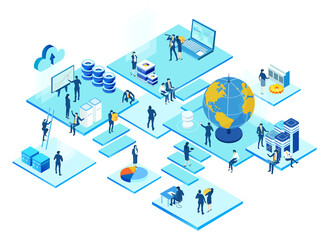Isometric 3D business environment. Isometric server room space, business people working together,  generating fresh content and new ideas. Infographic illustration