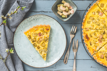 Rhubarb pie on gray rustic wooden background, top view