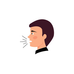 man's speech on white background. vector of male head with sound vibration, boy speaking, man talking, Flat design illustration man with sound waves, man head front view, man's sound icon
