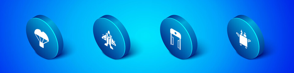 Set Isometric Box flying on parachute, Metal detector airport, Trolley for food and Jet fighter icon. Vector