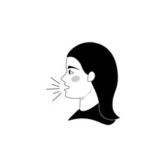 woman's speech on white background. symbol or vector of female head with sound vibration icon, girl speaking, woman talking, Flat, woman with sound waves, woman head front view, woman\'s sound icon