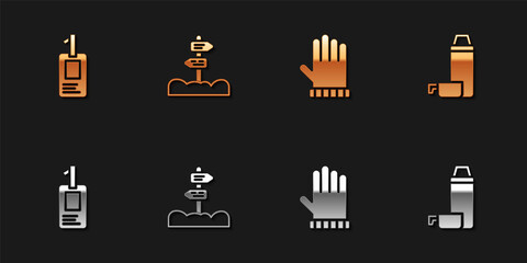 Set Identification badge, Road traffic signpost, Christmas mitten and Thermos container icon. Vector