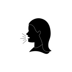 woman's speech on white background. symbol or vector of female head with sound vibration icon, girl speaking, woman talking, Flat, woman with sound waves, woman head front view, woman\'s sound icon