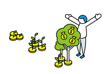 育ったお金の木をみて喜ぶイラスト　線画ver