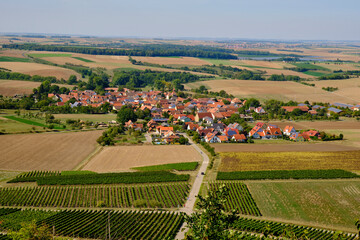Blick von den Weinbergen auf den Winzerort Bullenheim, Markt Ippesheim, Landkreis Neustadt a.d....