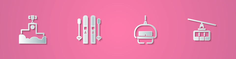 Set paper cut Award winner podium, Ski and sticks, lift and Cable car icon. Paper art style. Vector