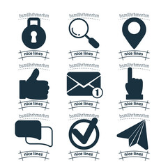 web icon set with like icon, lock, map pin, chat dialog bubble