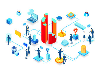 Isometric 3D business environment. Isometric server room space, business people working together,  generating fresh content and new ideas. Infographic illustration