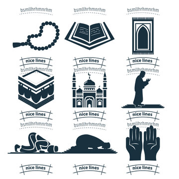 islam icon set. Muslim prayer icon set with mosque, koran, hadj, kaaba, carpet