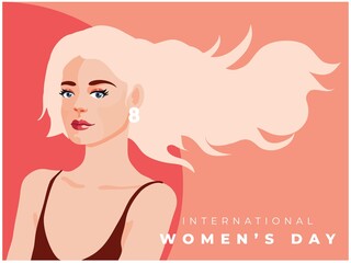International Women`s Day poster vector flat illustration. long hair woman from the front view. Happy Women's Day modern design with font. 8 march international women's day creative banner new design