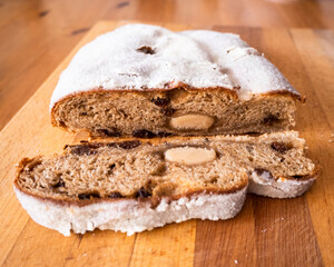 Christmas stollen with marzipan, powdered sugar.