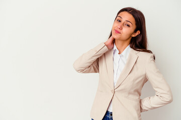 Young Indian business woman isolated on white background touching back of head, thinking and making a choice.