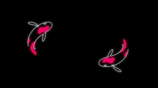 Koi carps. Neon animation of a fish contour on a black background. Carp fish footage