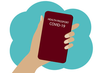 In his hand is a health passport covid 19