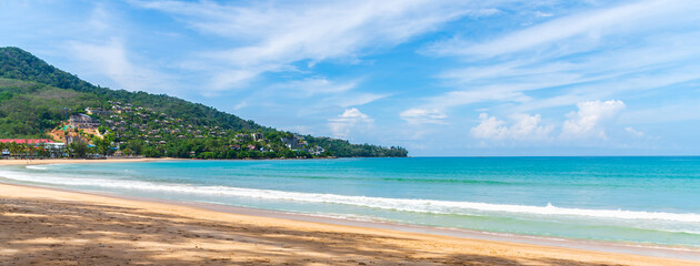 Sea sand and beach panorama view of Phuket beach Thailand in summer vacation.