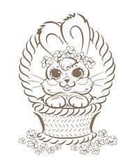 Fluffy rabbit in a basket with flowers. Black and white illustration, for design, line drawing postcard on white background. Coloring book.