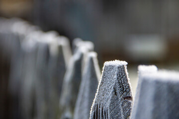 Frozen fence with snow flakes
