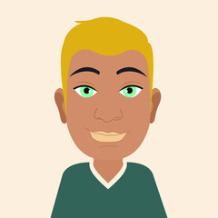 Avatar of a modern cute young guy with blue eyes. The character is isolated on a white background. Male image for printing on clothes, websites, applications. Vector graphics.