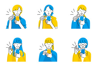 スマートフォンを操作する女性　セット　塗りver