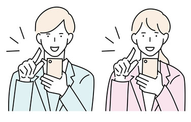 スマートフォンを操作する男女　正面