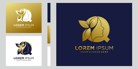 Beauty logo initial letter Q with golden style color and leaf. Natural beauty logo template Premium Vector