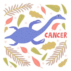 Cancer zodiac sign dinosaur cartoon character vector illustration. Cute Jurassic reptile, astrology symbol. Funny Elasmosaurus, hand drawn marine monster with long neck and pincers. Kids t shirt print